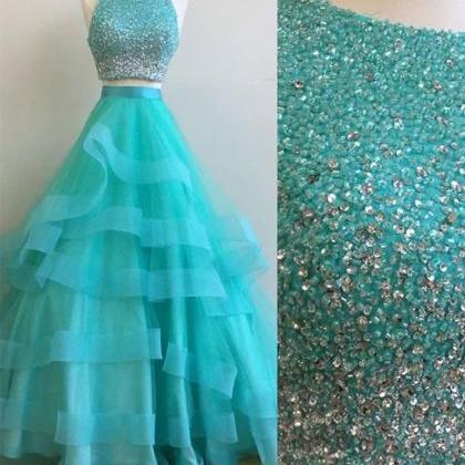 Luxury Green Beaded Two Pieces Long Prom Dress..