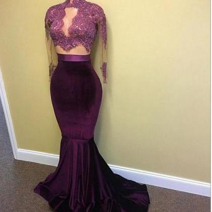 Two Pieces High Neck Purple Long Prom Dress With..