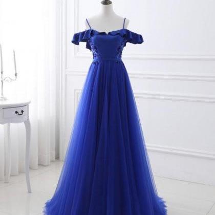 Off Shoulder Royal Blue Tulle Long Prom Dress..