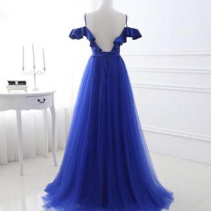 Off Shoulder Royal Blue Tulle Long Prom Dress..