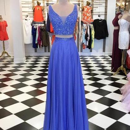 Two Pieces Blue Beaded Long Prom Dress A Line..