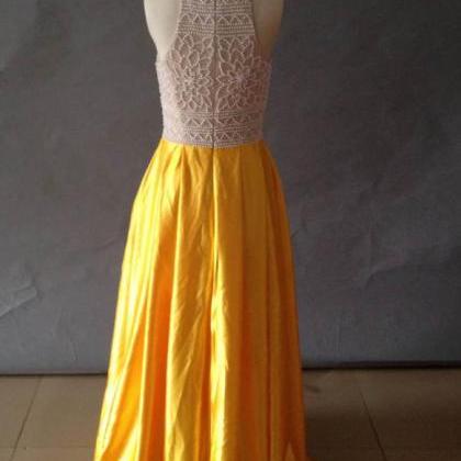 Luxury Beaded Corset Long Prom Dress Yellow Satin..