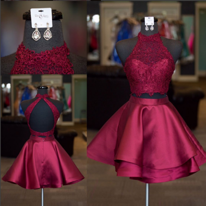 Fashion Burgundy Lace Two Pieces Short Homecoming..