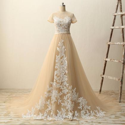 Champagne Tulle Long Prom Dress With Short Sleeve..