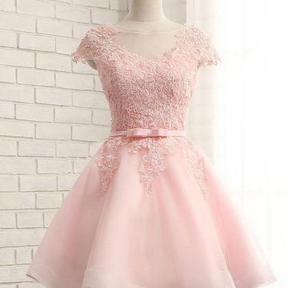 Custom Made Pink Tulle Short Lace Homecoming Dress..