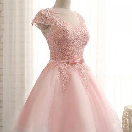 Custom Made Pink Tulle Short Lace Homecoming Dress..