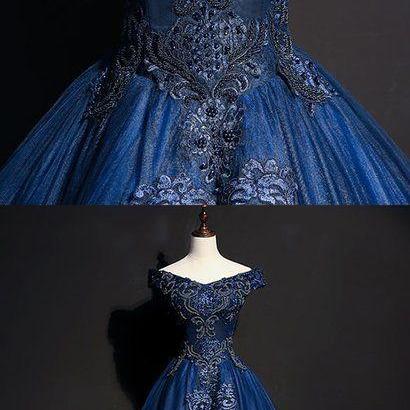 Sexy Navy Blue Lace Appliqued Ball Gown Prom Dress..