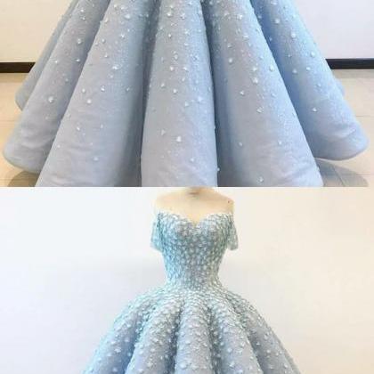 Elegant Light Blue Satin Ball Gown Prom Dress With..