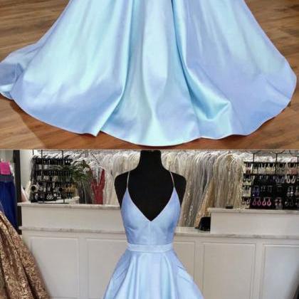 V-neck Light Blue Satin Long Prom Dress, Custom..