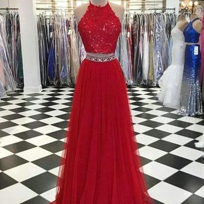 Two Pieces Red Lace Tulle A Line Prom Dress 2019..