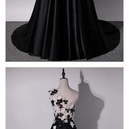 Black Satin Long Prom Dress, One Shoulder Prom..