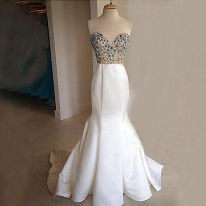 Stunning Beaded Crystal Mermaid Prom Dress, White..