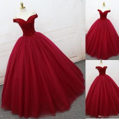 Burgundy Tulle Ball Gown Prom Dress, Sweet..