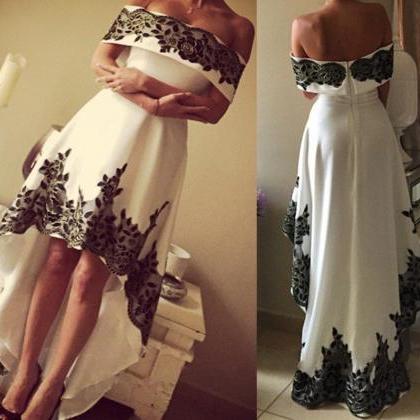 White High Low Satin Prom Dress With Black Lace..