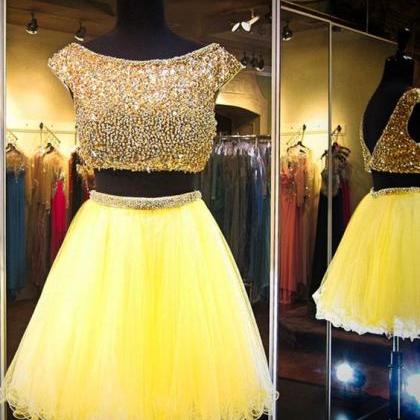 Luxury Beaded Crystal Two Pieces Short Prom Dress..