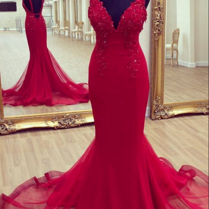 Fashion Red Tulle V-neck Mermaid Prom Dress Custom..