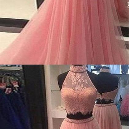 Pink Tulle Two Pieces Long Prom Dress High Neck A..