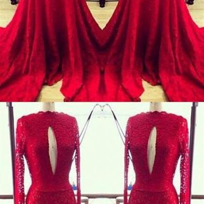 Red Long Sleeve Lace Prom Dress Mermaid 2019..