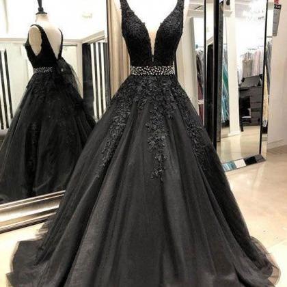 Black Lace Beaded Tulle Long Prom Dress, Custom..