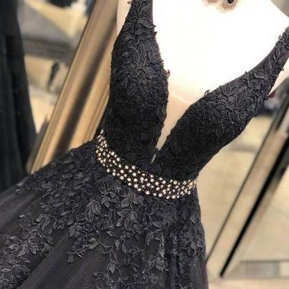 Black Lace Beaded Tulle Long Prom Dress, Custom..