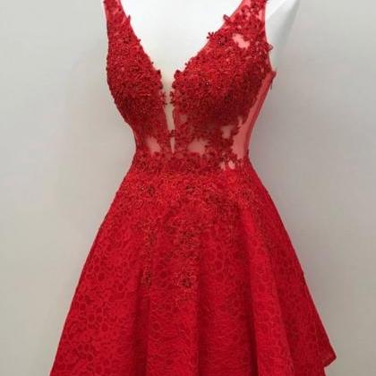 Red V-neck Lace Prom Dress Short , Above Length..