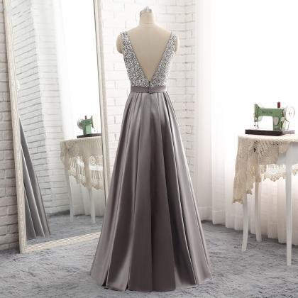Luxury Beaded Crystal Gray Satin Long Prom Dress..