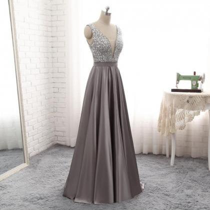 Luxury Beaded Crystal Gray Satin Long Prom Dress..