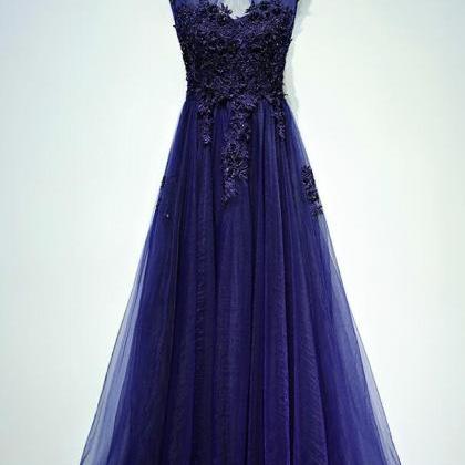 Roayl Blue Lace Long Prom Dress Beaded O-neck Prom..