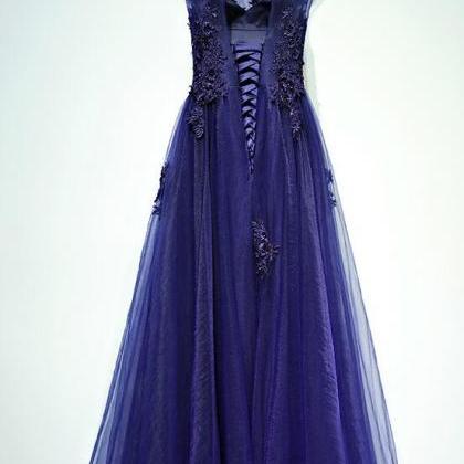 Roayl Blue Lace Long Prom Dress Beaded O-neck Prom..