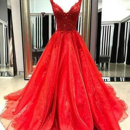 Red V-neck Lace Prom Dress Plus Size Women Party..
