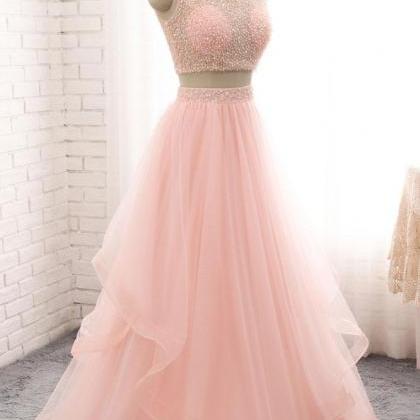 Luxury Beaded Two Pieces Tulle Long Prom Dress..