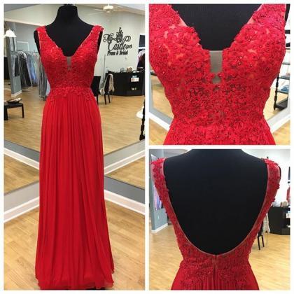 Sexy Back Open Long Prom Dress Red Lace Appliqued..