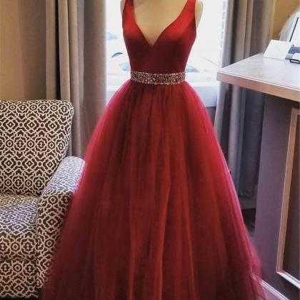 Sexy V-neck Red Tulle Long Prom Dress Beading..