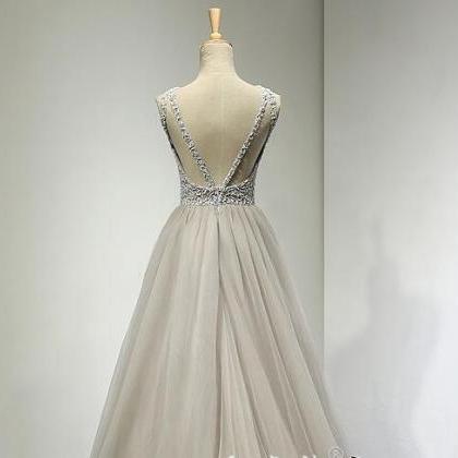 A Line Silver Beadeding Long Prom Dress, Sexy..