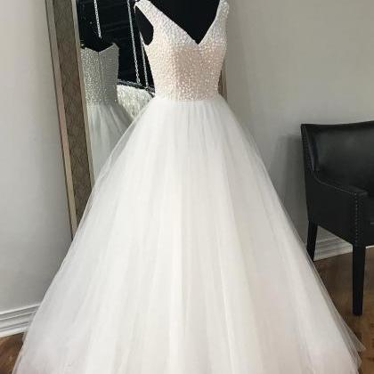 White Beaded Tulle Long Prom Dress, Sexy V-neck..