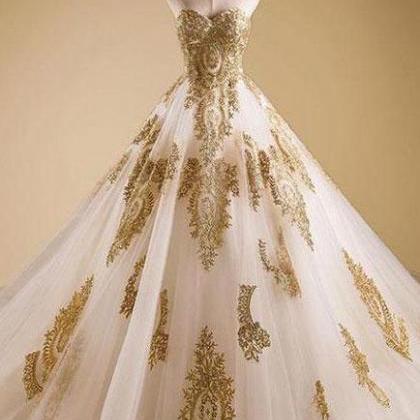 White Tulle Wedding Dress With Gold Lace Bridal..