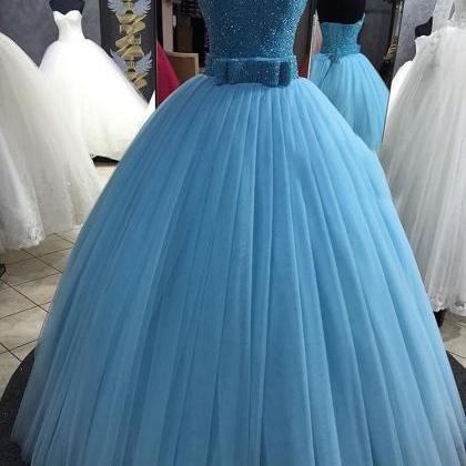 Sparkly Beaded Crystal Long Prom Dress, Blue Tulle..