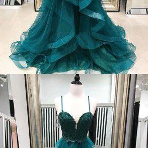 Sexy A Line Green Tulle Long Prom Dress Plus Size..