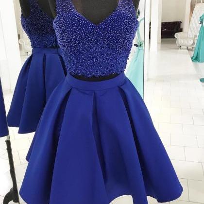 Royal Blue Beaded Two Pieces Short Homecoming..