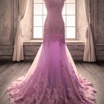 Fashion Spaghetti Strap Beaded Lavender Prom Dress..