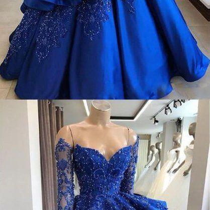 Luxury Royal Blue Satin Beaded Women Prom Dress..