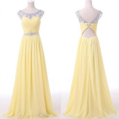 Sexy Scoop Neck Yellow Beaded Long Prom Dress, A..
