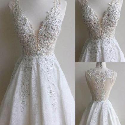 Deep V-neck Lace White Short Prom Dress Custom..