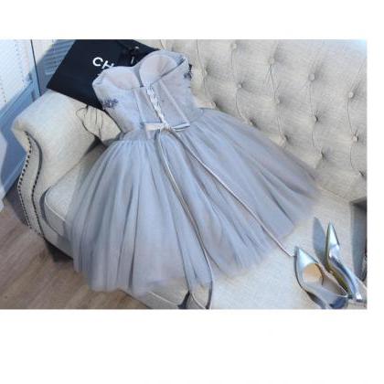 Dashion Gray Tulle Beaded Short Homecoming Dress,..