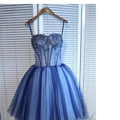 Blue Tulle Short Homecoming Dress, Off Shoulder..
