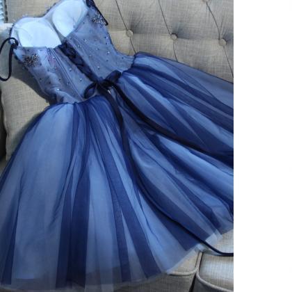 Blue Tulle Short Homecoming Dress, Off Shoulder..