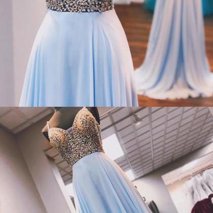 Sexy Light Blue Beaded Chiffon Long Prom Dress..