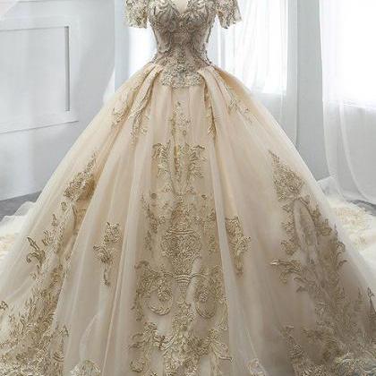 Fashion Champagne Tulle Lace Wedding Dress Ball..