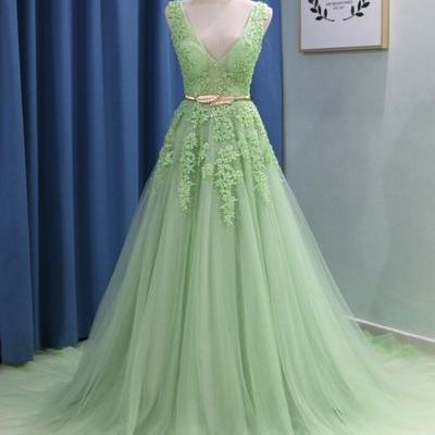 Elegant A Line V-neck Green Lace Prom Dress Lace..