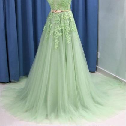 Elegant A Line V-neck Green Lace Prom Dress Lace..